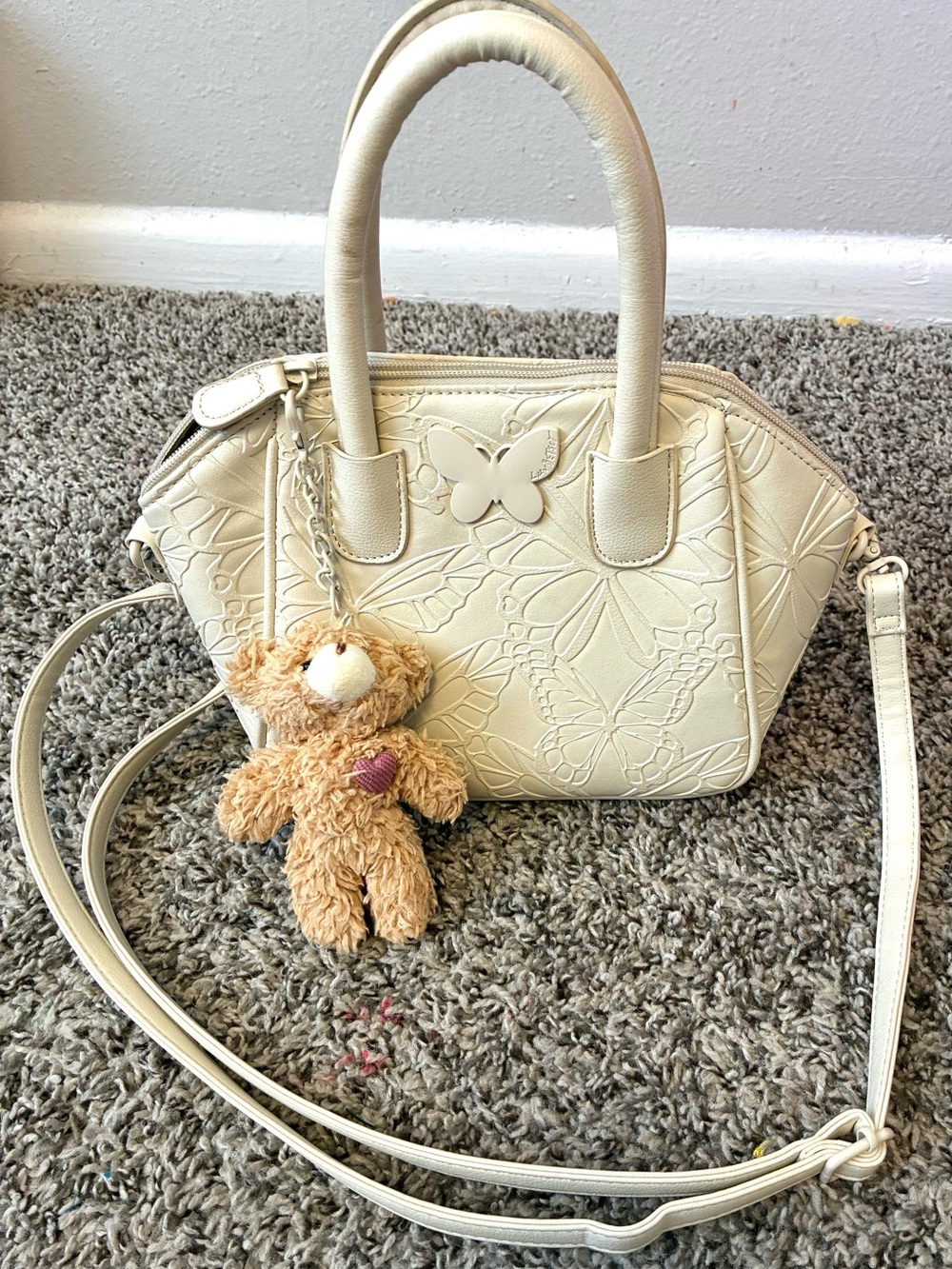 Cream Butterfly-Embossed Top-Handle Crossbody Bag
